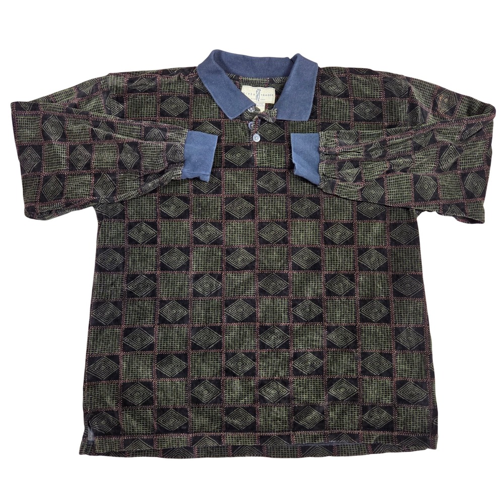 River Trader Mens Vintage 90s Geometric Diamond Polo Shirt Green Black Medium